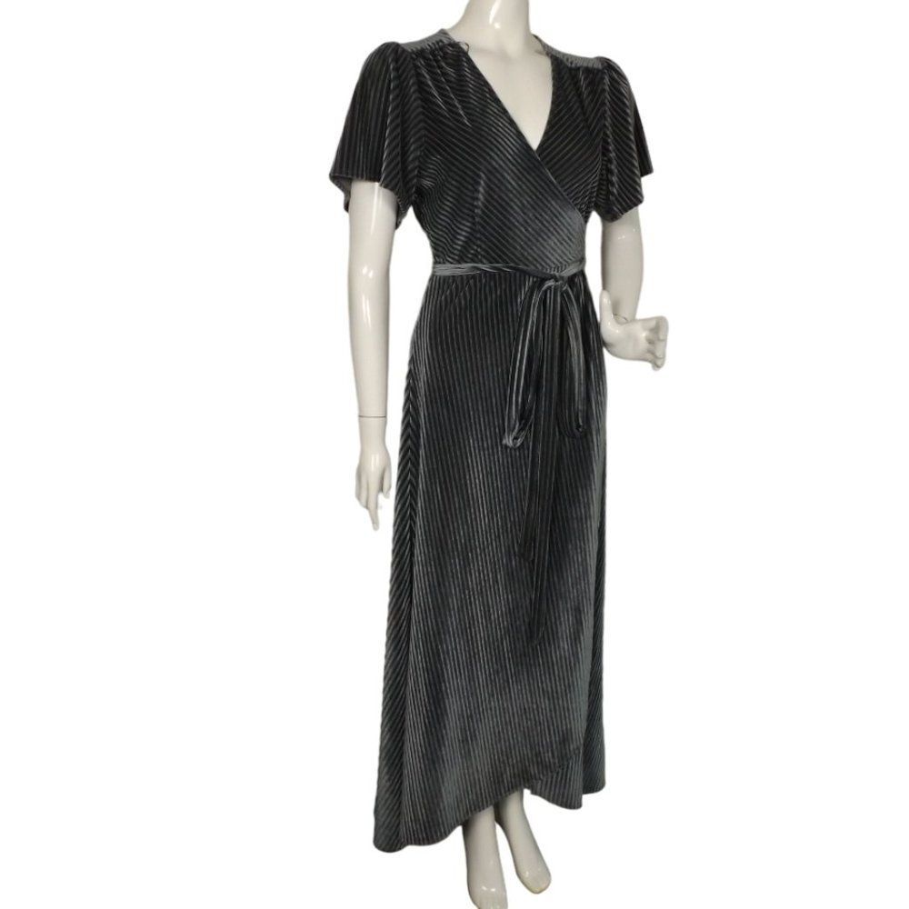 BALTIC BORN Maxi Dress, L, Grey Ribbed Velvet, short sleeves, True Wrap - Picture 2 of 11